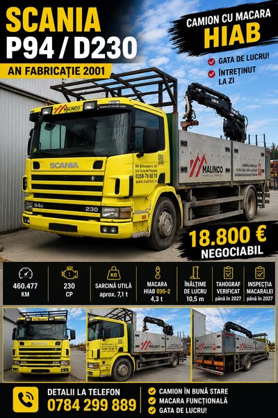 Scania P94 D230 Macara HIAB 095-2- gata de lucru!